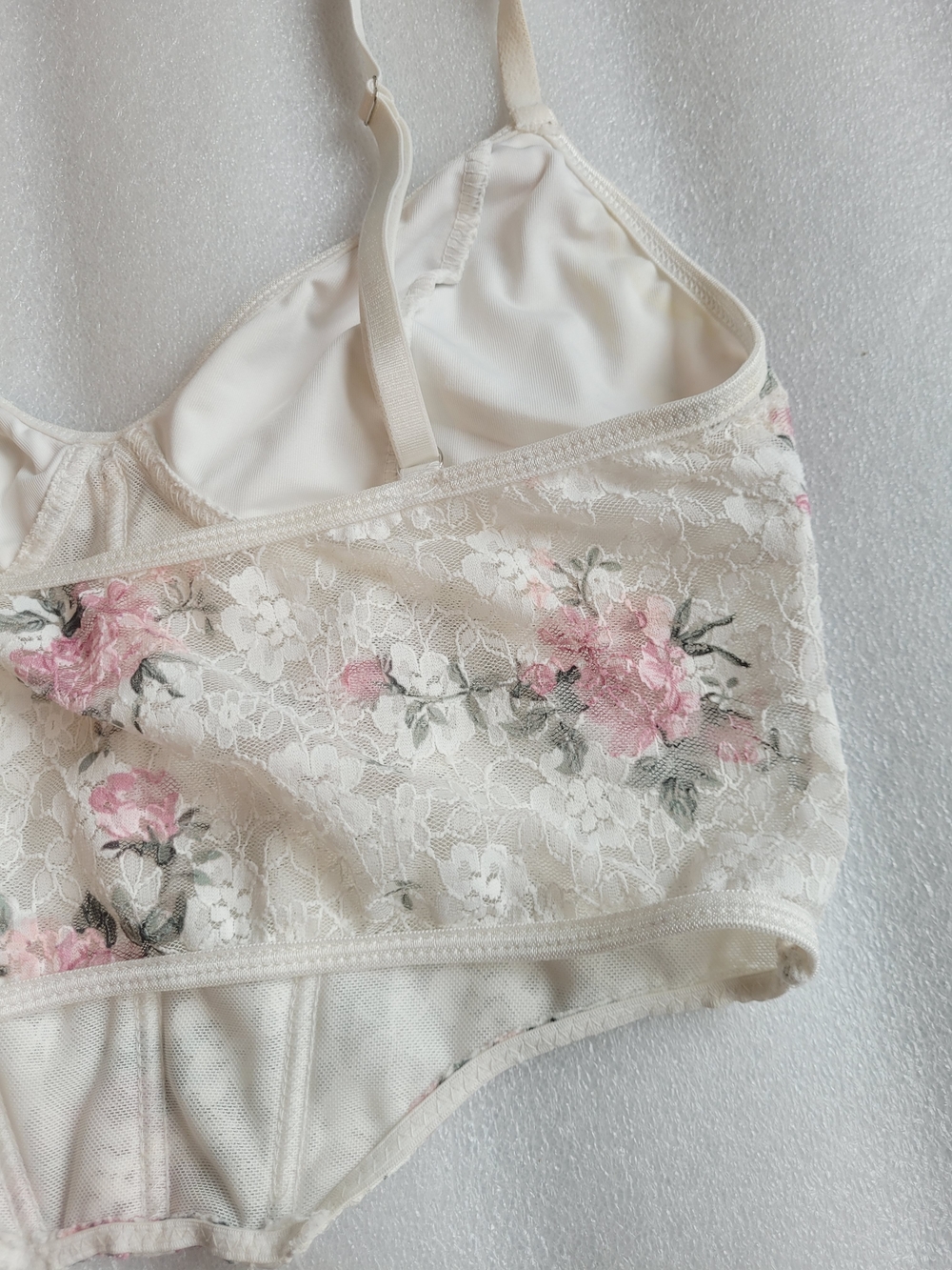 Floral Lace Bustier White with Pink Roses Corset Feminine - Picture 6 of 9